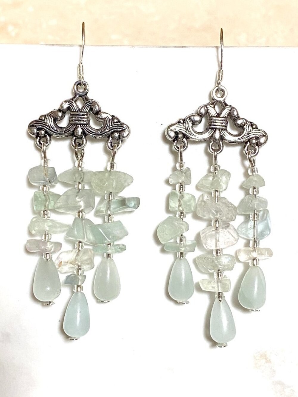 2/$20, Light Green Fluorite Chalcedony Chandelier Earrings, Gemstone & 925 Hooks